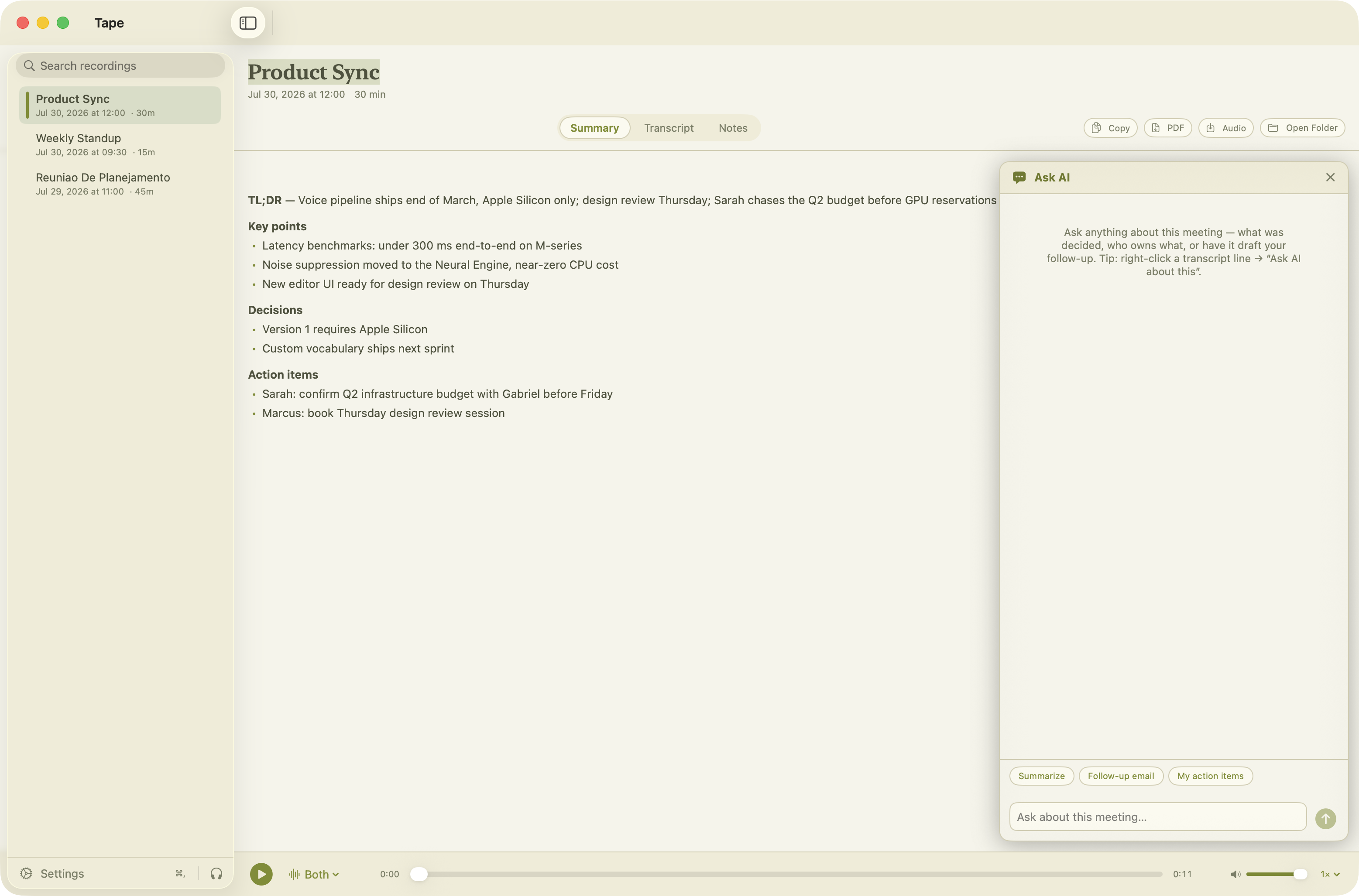 Tape summary tab with the Ask AI chat panel open