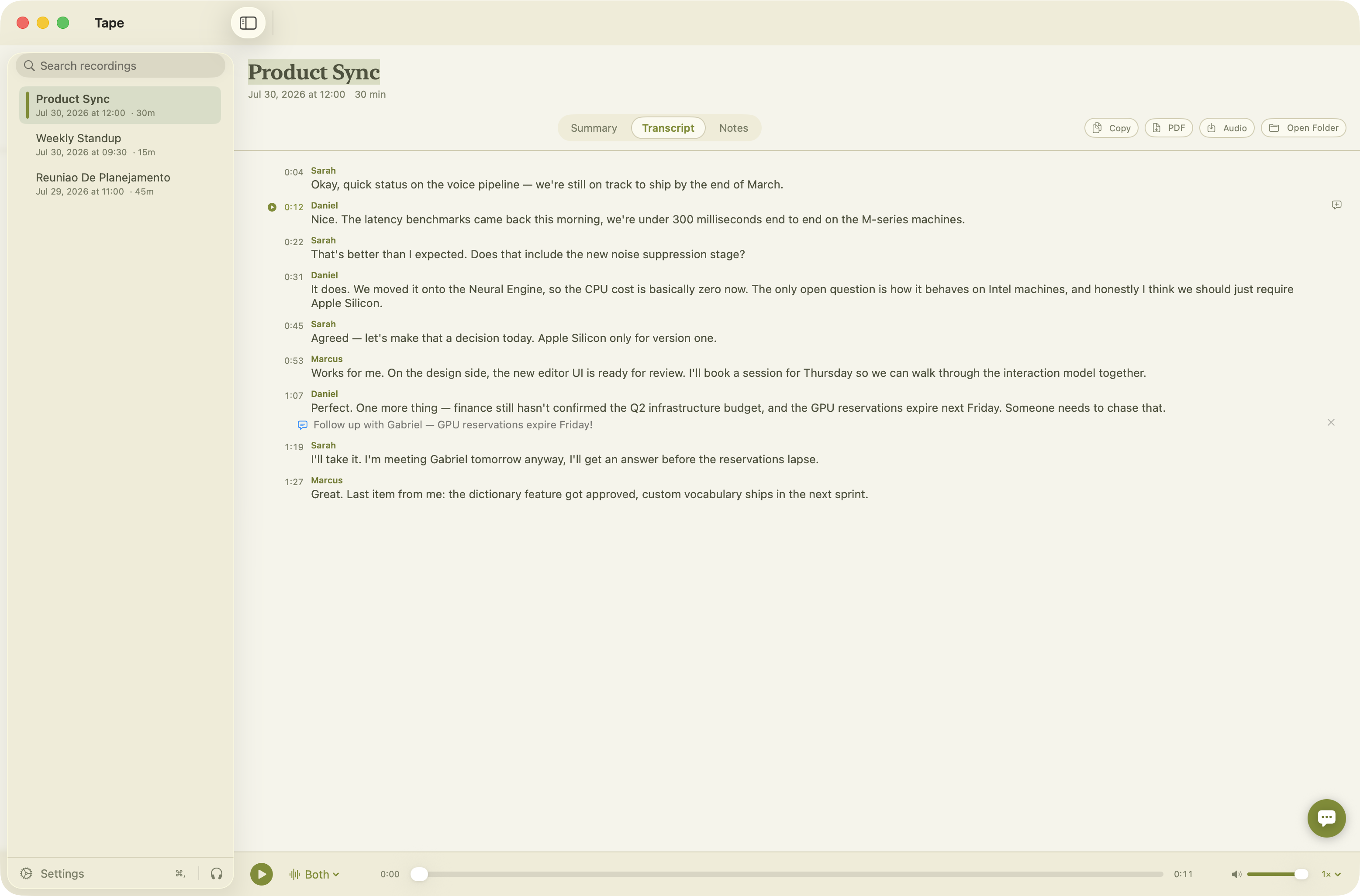 Tape main window showing an interactive meeting transcript with speakers, timestamps and an anchored comment